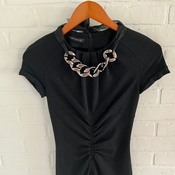 Tenax Mini dress LBD Bow embellished black Ruched Jewel Cap sleeve M - Picture 7 of 15